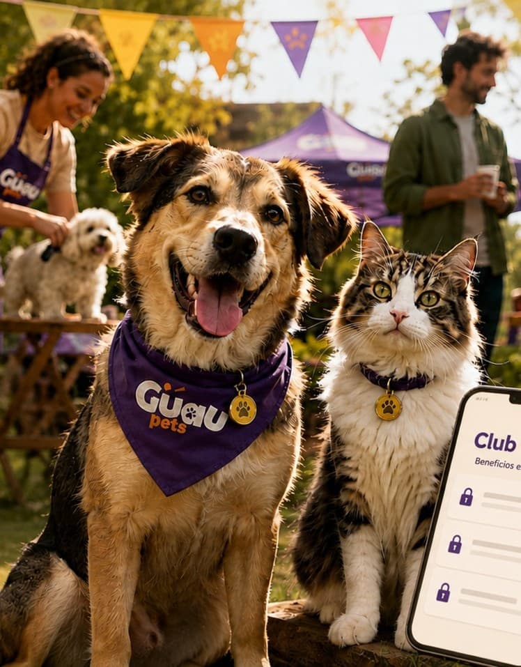 Un perro con bandana Guau y un gato en un evento del Club